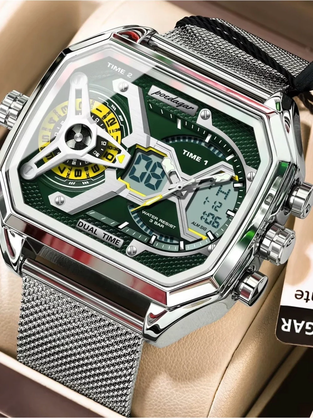 Luxury Dual Time Square Watch – Waterproof & Chronograph Mesh Strap Wristwatch